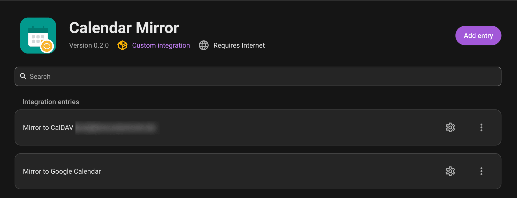 Calendar Mirror's integration page in Home Assistant, showing two configured entries: Mirror to CalDAV and Mirror to Google Calendar