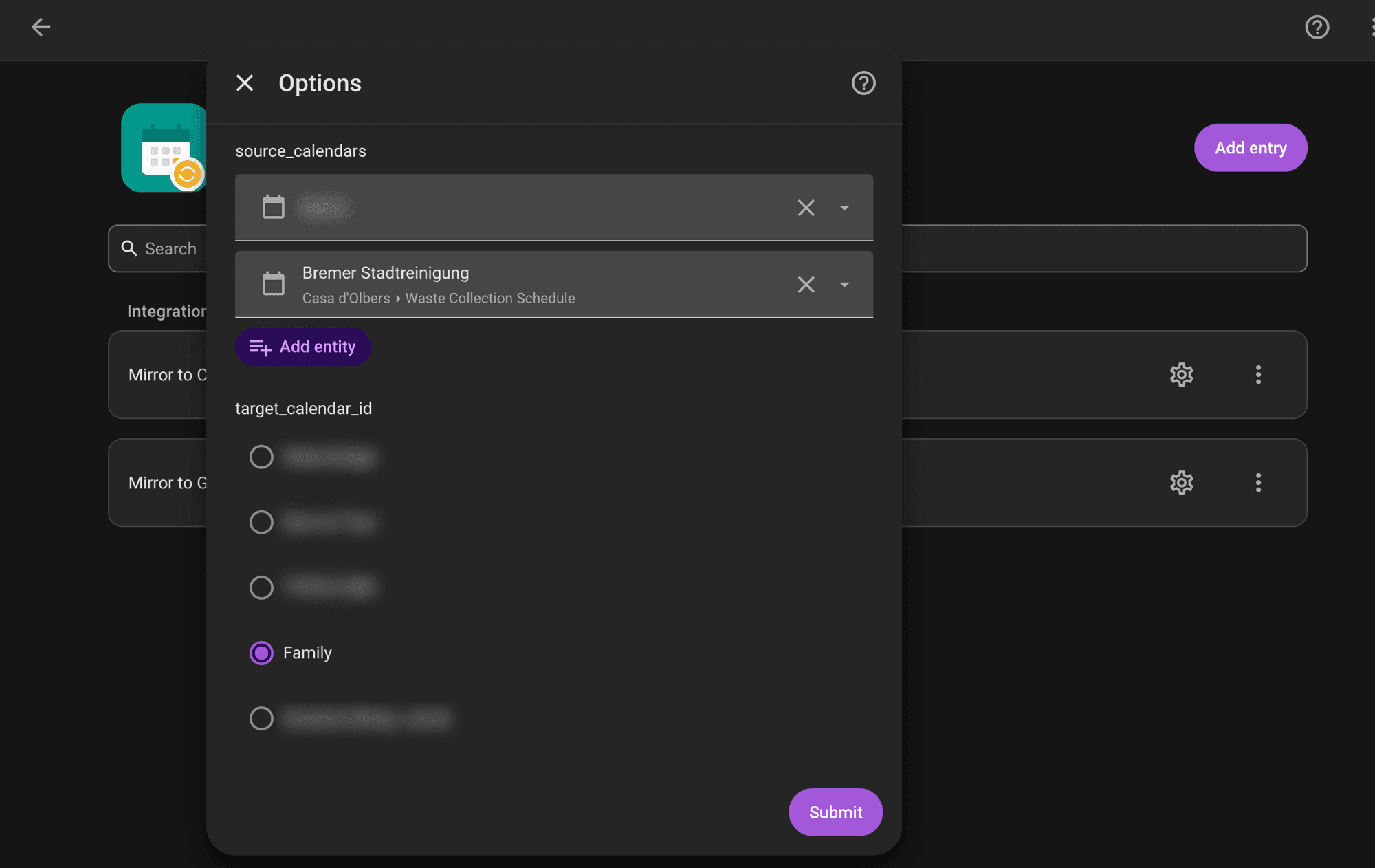 Calendar Mirror's options dialog, listing source calendars to mirror and a radio-button list to pick the target calendar to sync into